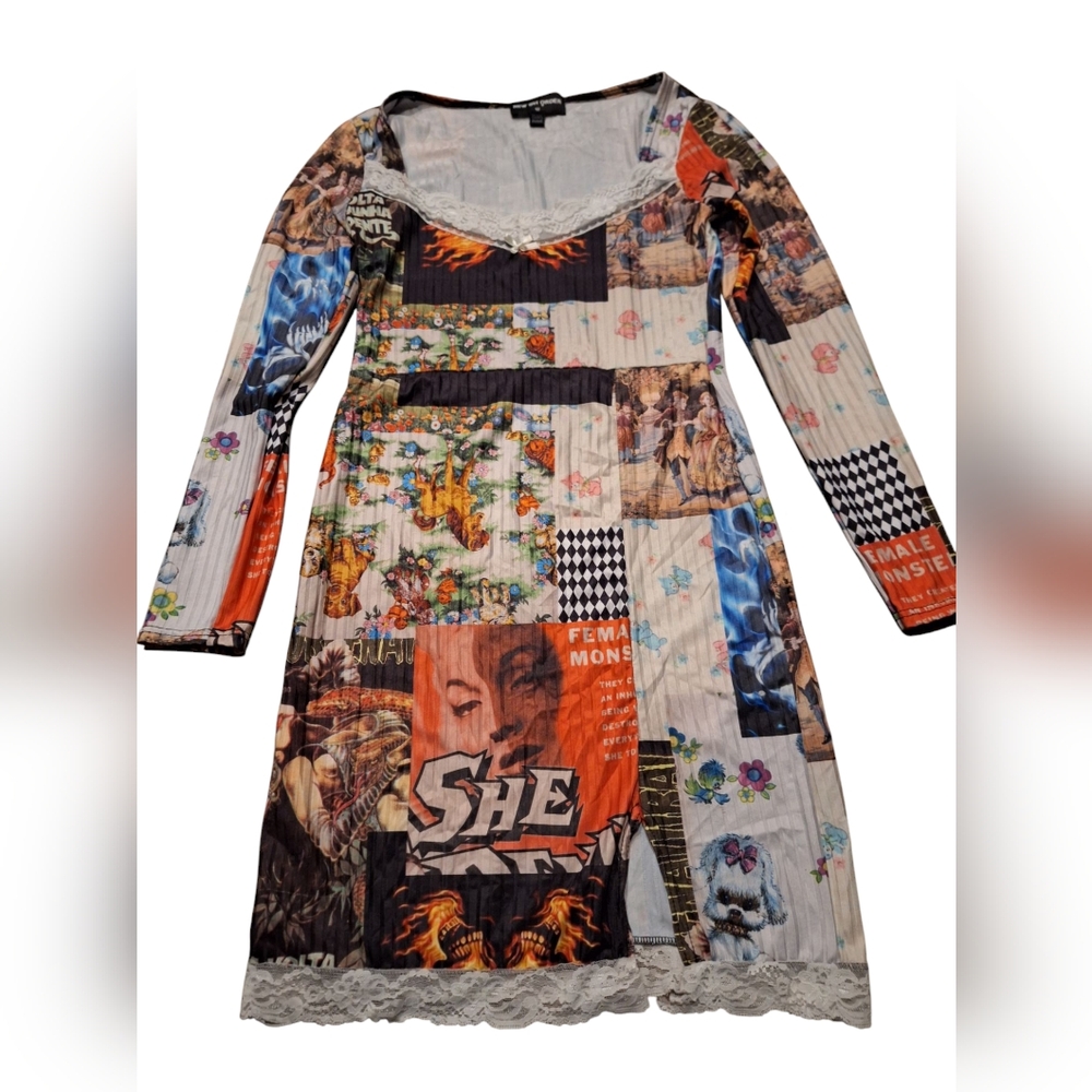 AOP Graphic Lace Trim Mini Dress Bodycon Size 8 New Girl Order Urban Outfitters